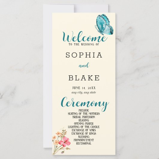  Blue Butterfly Yellow Wedding Programme (Voorkant)