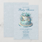 Blue Cake Flowers Baby shower Uitnodiging (Voorkant / Achterkant)