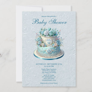 Blue Cake Flowers Baby shower Uitnodiging