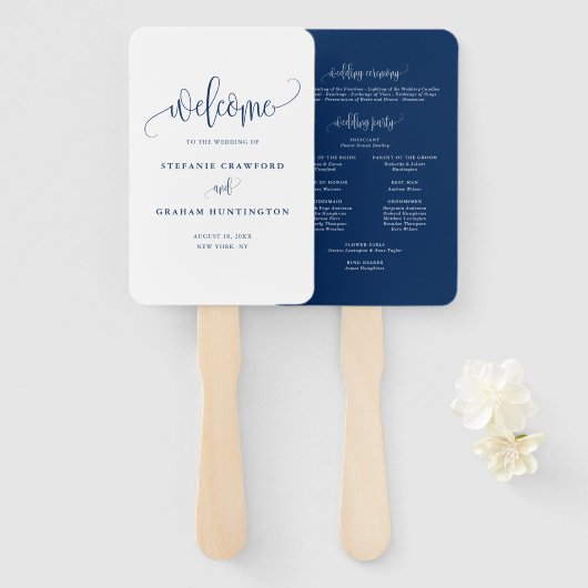 Blue  Calligraphy Script Wedding Program Handwaaier (Voorkant en achterkant)