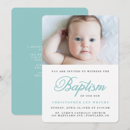 Blue Calligraphy Stylish Boy Baptism Invitation Kaart (Voorkant / Achterkant)