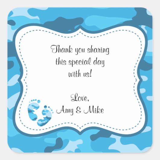 Blue Camouflage Baby shower Favor Label w/feet (Voorkant)