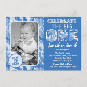 Blue Camouflage / Camo Foto First Birthday Party Kaart