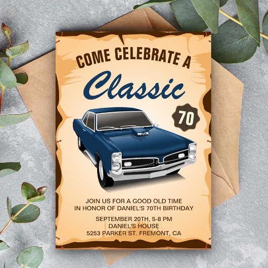  Blue Car Classic Birthday Invitation Kaart