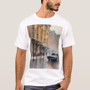 Blue Car in Foggy Cityscape T-shirt