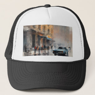 Blue Car in Foggy Cityscape Trucker Pet