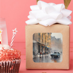  Blue Car in Foggy Cityscape Vierkante Sticker