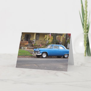 Blue Car in Small Town Birthday Card, Kaart