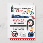 Blue Car Racing Birthday kid Invitation Kaart (Voorkant)