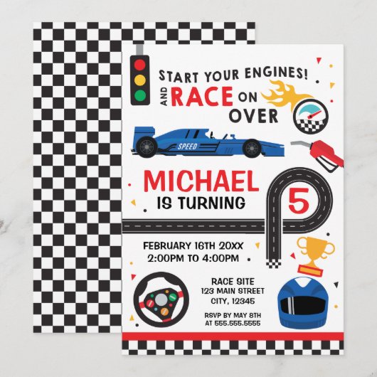 Blue Car Racing Birthday kid Invitation Kaart (Voorkant / Achterkant)