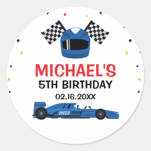 Blue Car Racing Birthday Ronde Sticker (Voorkant)