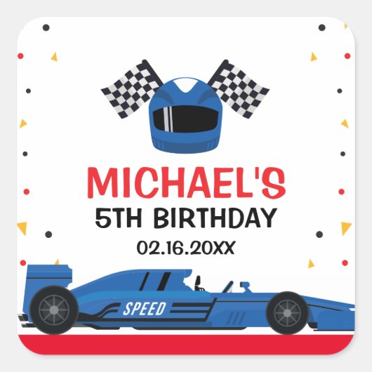 Blue Car Racing Birthday Vierkante Sticker (Voorkant)