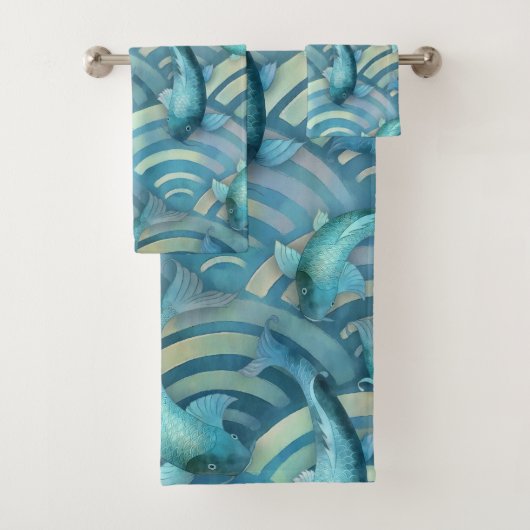 Blue Carp Koi Fish Pattern Bad Handdoek (Insitu)