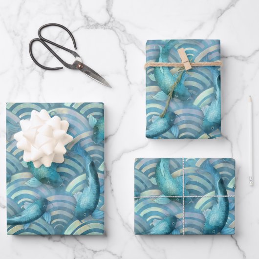 Blue Carp Koi Fish Pattern Inpakpapier Vel (Voorkant)