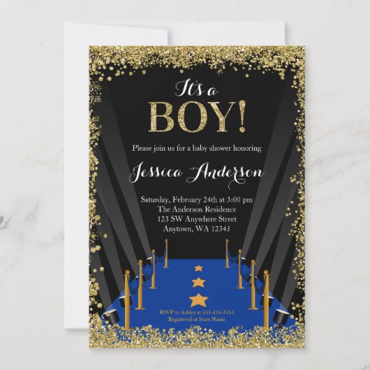 Blue Carpet Hollywood Faux Glitter Boy Baby shower Kaart (Voorkant)