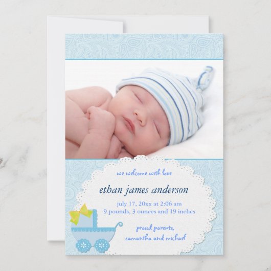 Blue Carriage Baby Boy Photo Faire-part de naissan (Devant)