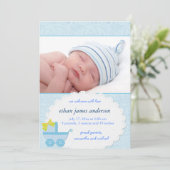 Blue Carriage Baby Boy Photo Faire-part de naissan (Debout devant)