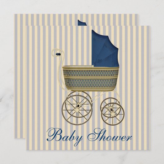 Blue Carriage Pram Baby Boy Shower Kaart (Voorkant / Achterkant)