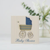 Blue Carriage Pram Baby Boy Shower Kaart (Staand voorkant)
