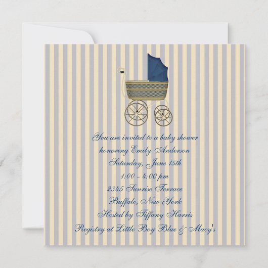 Blue Carriage Pram Baby Boy Shower Kaart (Achterkant)