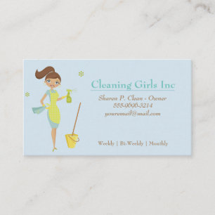 Blue Cartoon Girl House Cleaning Service Visitekaartje
