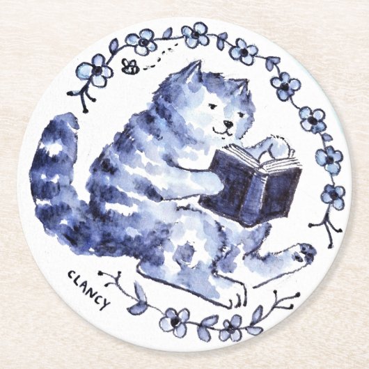 Blue Cat Reading Paper Onderzetter (Voorkant)