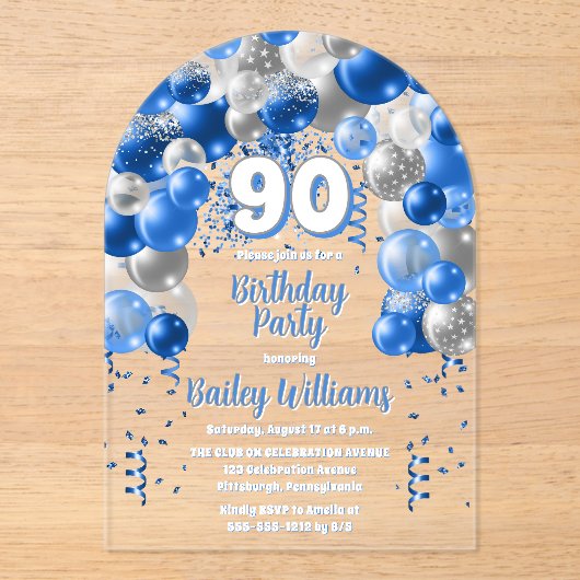 Blue Celebration Balloons 90ste verjaardagsfeest Acryl Uitnodigingen (Voorkant)