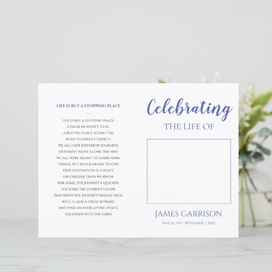 Blue Celebration of Life Funeral Photo Programme (Debout devant)