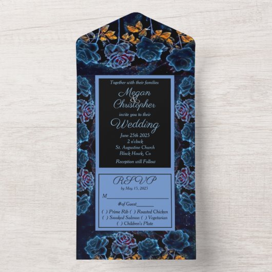 Blue Celestial Roos bruiloft All In One Uitnodiging (Binnen)