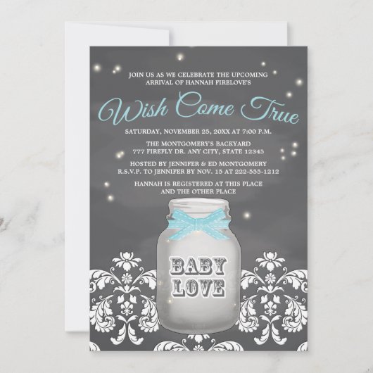 Blue Chalkboard Firefly Mason Jar Baby shower Kaart (Voorkant)