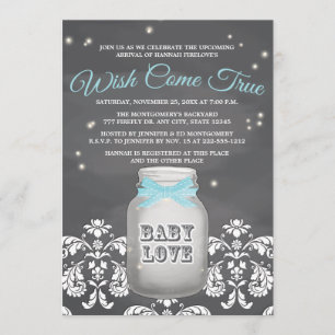 Blue Chalkboard Firefly Mason Jar Baby shower Kaart
