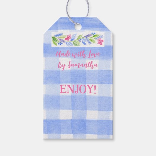 Blue Check Gingham Bloemen GEMAAKT MET LIEFDE Cadeaulabel (Voorkant)