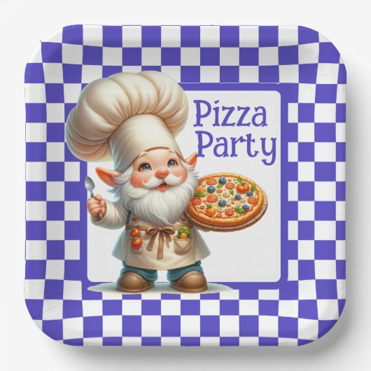 Blue Check Pizza Party Papieren Bordje (Voorkant)