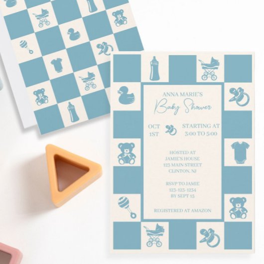 Blue Checked Baby shower Uitnodiging