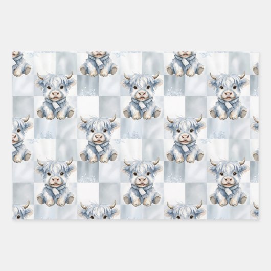 Blue Checkered Highland Cow Snowflake Cool Winter Inpakpapier Vel (Voorkant 2)