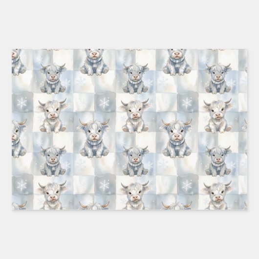 Blue Checkered Highland Cow Snowflake Cool Winter Inpakpapier Vel (Voorkant)