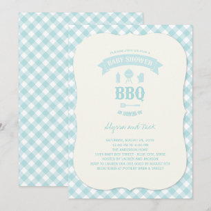Blue Checks BBQ Boy Baby shower Summer Party Kaart