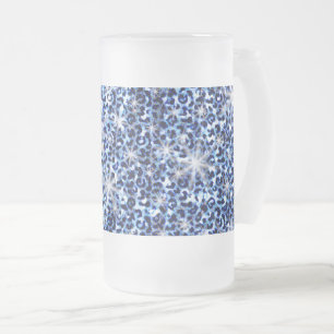 Blue Cheetah Sparkles Frosted Glass Beer Mok