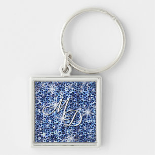 Blue Cheetah Sparkles Monogram Sleutelhanger