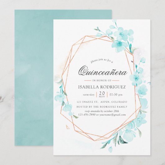 Blue Cherry Blossom Geometric Spring Quinceañera I Kaart (Voorkant / Achterkant)