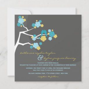 Blue Cherry Blossom Tortelduifjes Wedding Invite Kaart