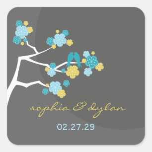 Blue Cherry Blossoms Tortelduifjes Bruiloft Sticke Vierkante Sticker