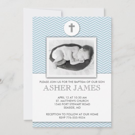 Blue Chevron Baby Baptism Christening Uitnodiging (Voorkant)