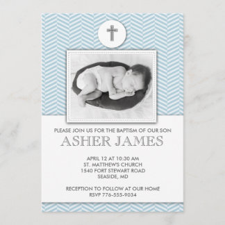 Blue Chevron Baby Baptism Christening Uitnodiging