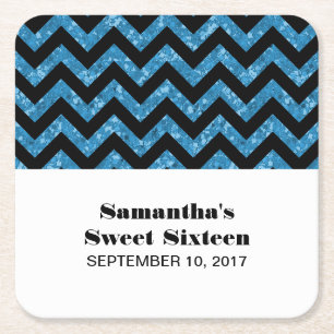 Blue Chevron Glitter Sweet 16 Paper Onderzetters
