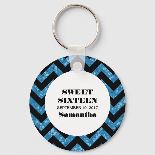 Blue Chevron Glitter Sweet 16 Sleutelhanger (Voorkant)