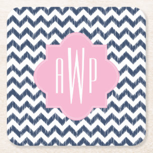 Blue Chevron Ikat Monogram Vierkante Kartonnen Onderzetter