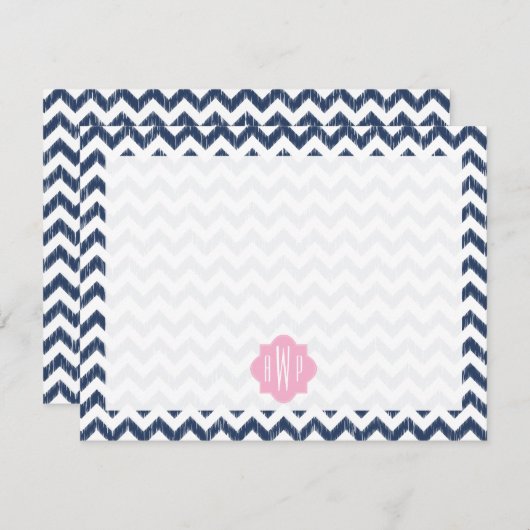 Blue Chevron Ikat Monogrammed Carte pour notes pla (Devant / Derrière)