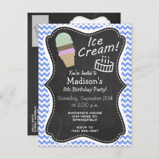 Blue Chevron Pattern; Ice Cream Cone Uitnodiging Briefkaart (Voorkant / Achterkant)