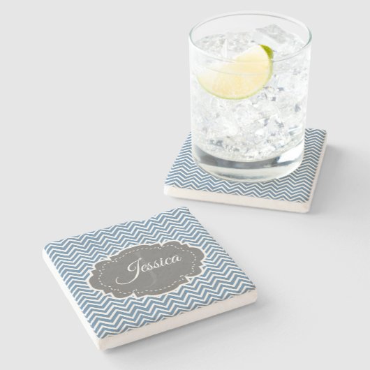 Blue Chevron Personalized Stone Onderzetter (Zijkant)